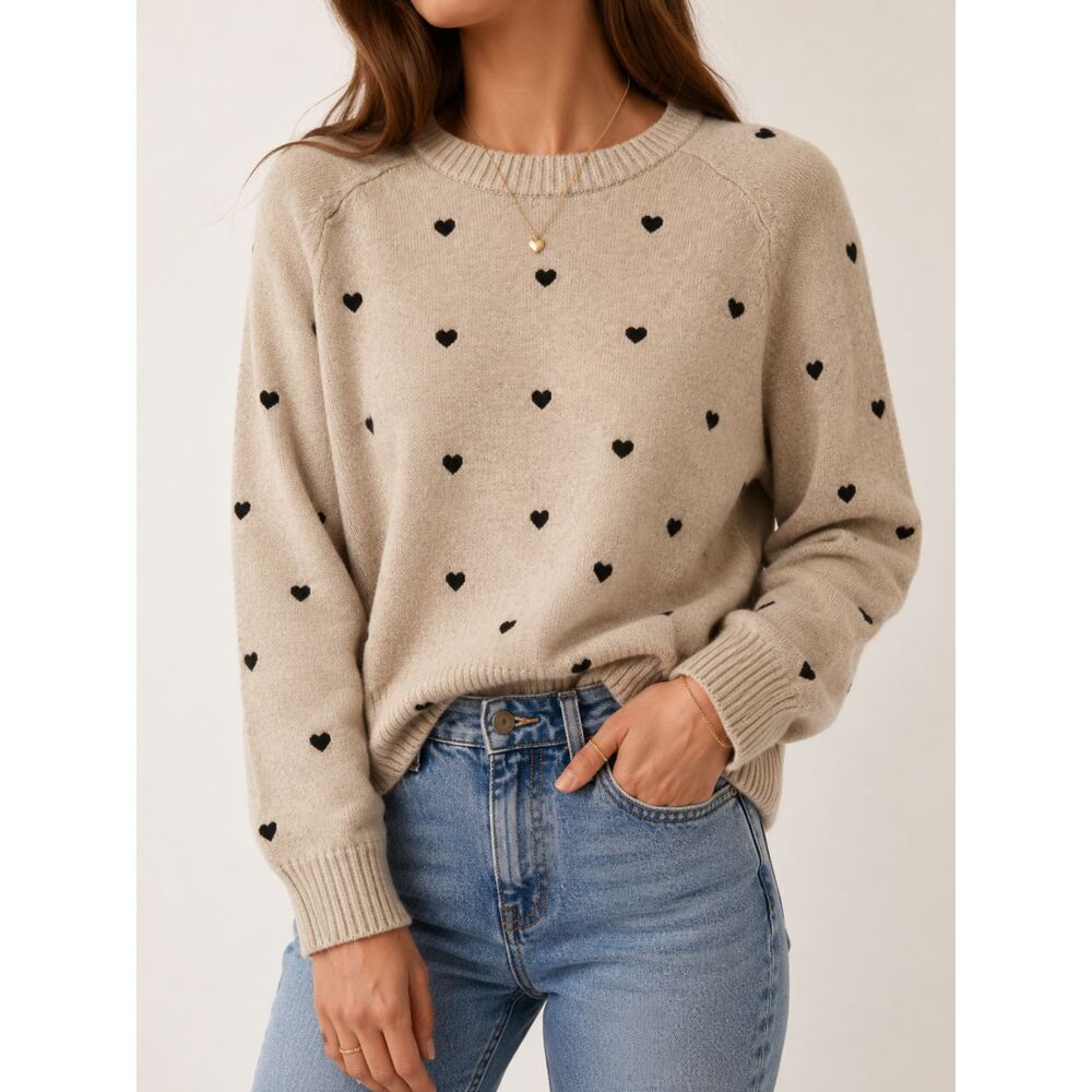 LOFT Heart Print Sweater Medium Beige Black Hearts Cozy Cottagecore Knit